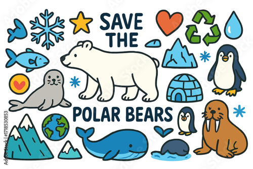Save the Polar Bears. Colorful Hand-drawn doodle Children illustration Save the polar bears polar bear, fish, seal, snowflake, iceberg, igloo, heart, star,