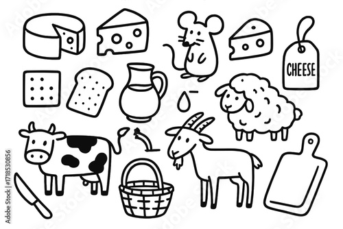 Cheese Delights Doodle. Hand-drawn doodle illustration Cheese symbols cheese wheel, cheese wedge, cheese slice, mouse, cracker, bread, milk jug, cow, goat,