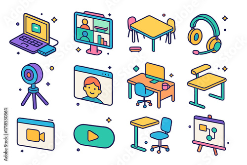 Hybrid Work Icons. Colorful isometric vector icons set of Hybrid work setup: laptop with dock, meeting room screen, shared table, webcam on tripod, remote