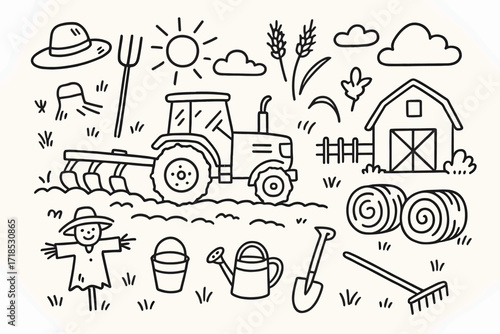 Farm Life Icons. Hand-drawn doodle illustration Tractor at work in farmland, tractor, plow, wheat stalks, hay bales, barn, farmer hat, pitchfork, wheel tracks,