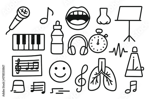 Vocal Warm-Up Doodle. Hand-drawn doodle illustration Vocal warm-up exercises microphone, musical note, open mouth, throat icon, piano keys, water bottle,