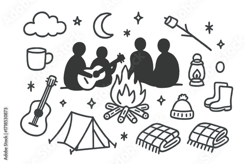 Bonfire Friends Gathering. Hand-drawn doodle illustration Bonfire with friends [bonfire flames, logs, group silhouette, guitar, marshmallow on stick, cup,