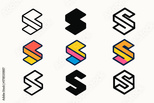 Geometric Logo Designs. line, bold thick line, solid black filled, solid black isometric, flat minimal monochrome, flat colorful, isometric flat colorful
