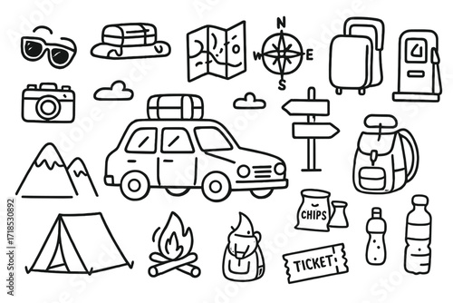 Road Trip Essentials. Hand-drawn doodle illustration Road trip car, map, compass, suitcase, gas pump, road sign, camera, sunglasses, tent, campfire, mountains,