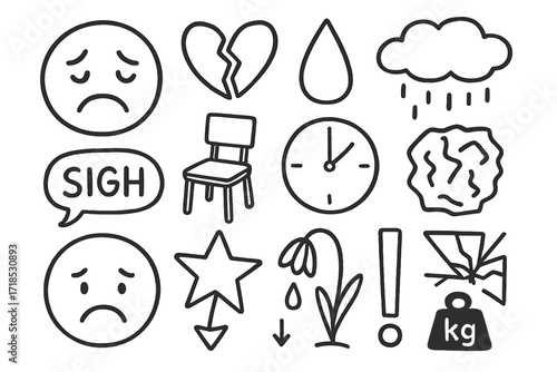 Doodled Symbols of Sadness. Hand-drawn doodle illustration disappointment sad face, broken heart, tear drop, cloud with rain, sigh bubble, empty chair, clock,