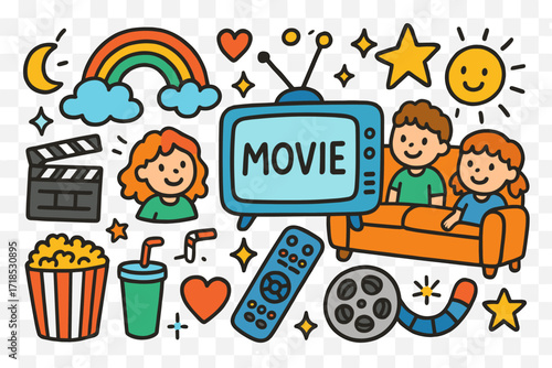 Kids Enjoy Movie Night. Colorful Hand-drawn doodle Children illustration Streaming Movies on TV television, remote control, popcorn, soda cup, smiling faces,