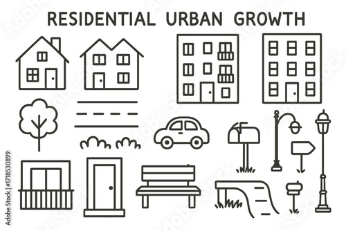 Urban Growth Doodle. Hand-drawn doodle illustration Residential urban growth house, duplex, condo, apartment, tree, street, sidewalk, car, lamppost, road sign,