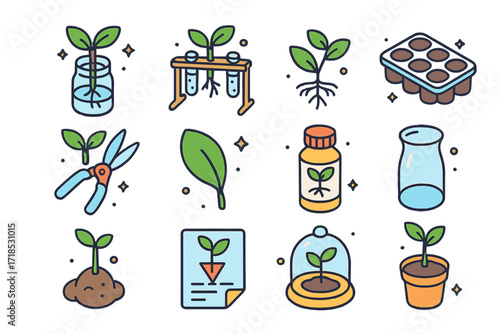 Plant Propagation Icons. Colorful isometric vector icons set of plant propagation: rooting jar with cutting, propagation station, water roots icon, soil plug