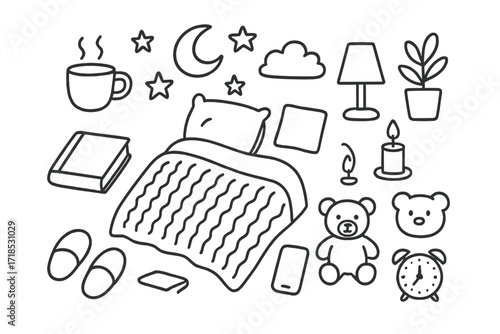 Bedtime Cozy Doodle. Hand-drawn doodle illustration bedtime coziness blanket, bed, pillow, mug, book, lamp, slippers, teddy bear, candle, moon,