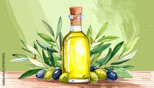 Olive oil bottle surrounded by olives and leaves