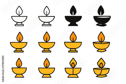 Diwali Diyas Logo Set. Set Logo of Diwali Diyas and Festival Lights: Brass oil lamp. Logo set in vector style, emblematic variations. line, bold thick line,