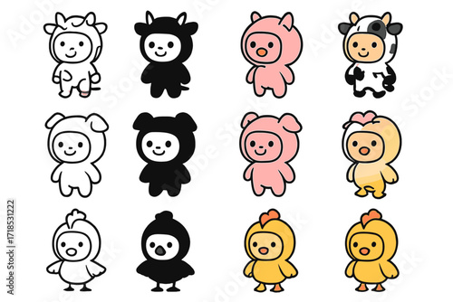 Farm Animal Costumes. Icon Set of Farm animal costumes: cow costume, pig costume, chicken costume. Icons set in vector style, emblematic variations. Cow