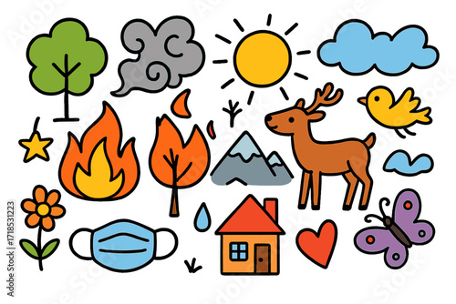 Nature Doodle Art. Colorful Hand-drawn doodle Children illustration Wildfire smoke tree, flame, smoke swirl, sun, cloud, bird, deer, mountain, house, mask,