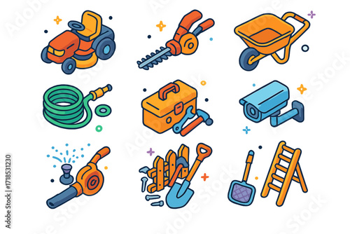 Estate Maintenance Icons. Colorful isometric vector icons set of estate maintenance equipment: ride-on mower, hedge trimmer, wheelbarrow, garden hose, toolbox,