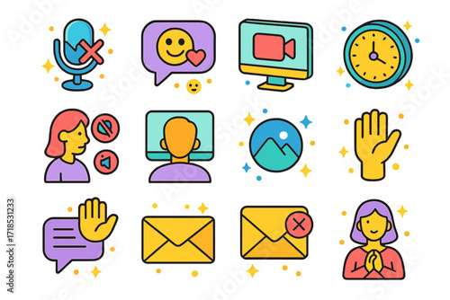 Digital Communication Icons. Colorful isometric vector icons set of digital communication manners: muting mic, using emojis appropriately, turning on camera,