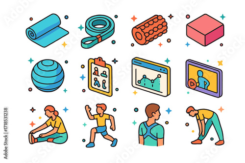 Isometric Wellness Icons. Colorful isometric vector icons set of Flexibility and Mobility Goals: yoga mat, stretching strap, foam roller, yoga block, balance