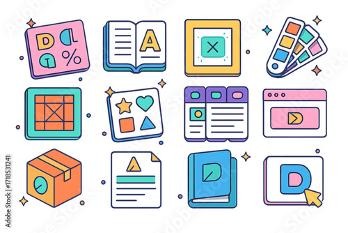 Brand Consistency Icons. Colorful isometric vector icons set of Brand Consistency Assets: logo variations, typography guide, spacing rules card, color swatch