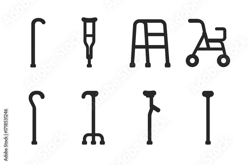 Walking Aids Icons. Solid, filled icon set of walking aids: cane, crutch, walker, rollator, walking stick, quad cane, forearm crutch, mobility stick. Solid,