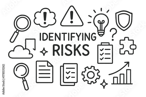 Risk Assessment Icons. Hand-drawn doodle illustration Identifying risks [magnifying glass, exclamation mark, warning triangle, document, checklist, question