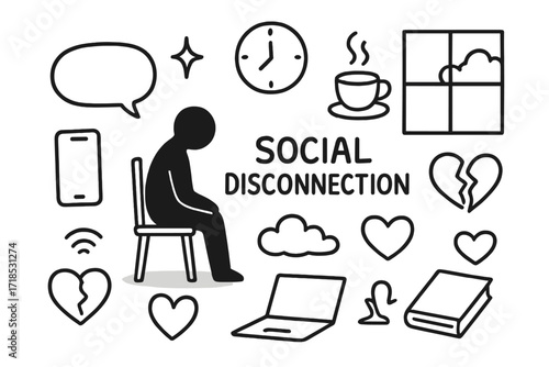 Disconnected Communication Icons. Hand-drawn doodle illustration Social disconnection [figure silhouette, empty chat bubble, phone, laptop, broken heart,