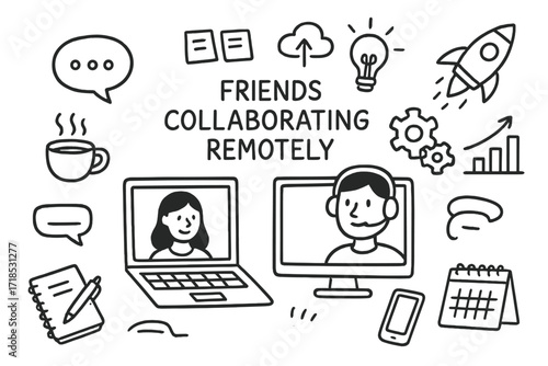 Remote Collaboration Doodles. Hand-drawn doodle illustration [friends collaborating remotely] [laptop, webcam, headset, chat bubble, coffee cup, notebook, pen,