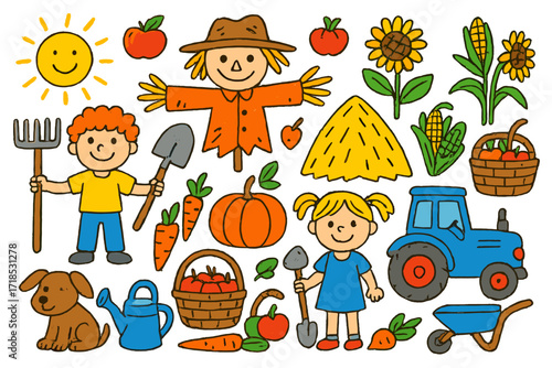 Harvest Time Fun. Colorful Hand-drawn doodle Children illustration Harvest Time scarecrow, pumpkin, apples, basket, haystack, tractor, sunflowers, corn,