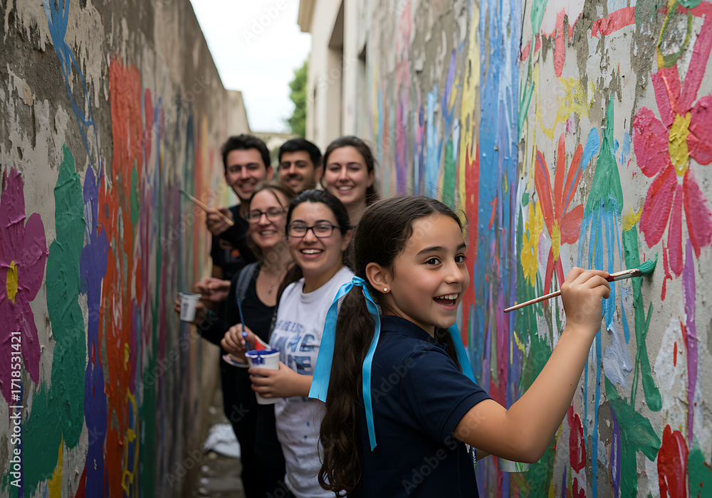 Naklejka premium A diverse group of smiling people, including children and adults, enthusiastically painting a vibrant floral mural on a narrow outdoor wall.