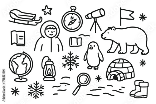 Arctic Exploration Doodles. Hand-drawn doodle illustration Arctic explorers [sled, compass, telescope, notebook, polar bear, penguin, igloo, ice crystal,