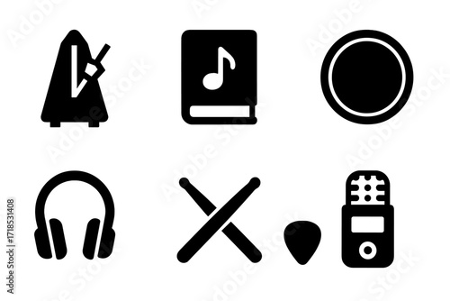 Music Practice Icons. Solid, filled icon set of practice session items: metronome, music book, tuner, practice pad, headphones, drumsticks, guitar pick,