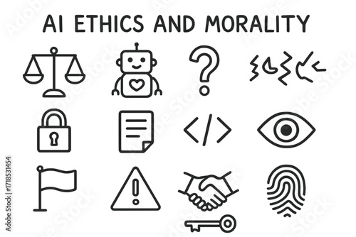 AI Ethics Doodle. Hand-drawn doodle illustration AI Ethics and Morality scale, robot with heart, question mark, broken circuit, padlock, document, code