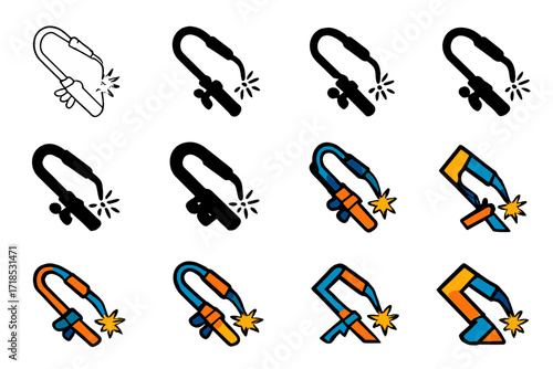 Welding Torch Logo Grid. Set Logo of Commercial Construction: Welding Torch. Logo set in vector style, emblematic variations. line, bold thick line, solid