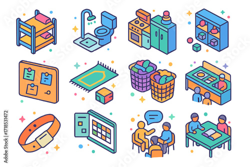 Asylum Center Icons. Colorful isometric vector icons set of daily life in asylum centers: dormitory beds, shared bathroom, community kitchen, playroom for