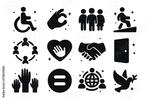 Symbols of Inclusion. Inclusion. Solid icons set of wheelchair symbol, sign language hand, diverse people, accessible ramp, inclusive circle, support heart,