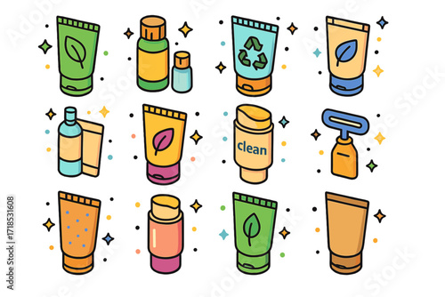 Eco-Friendly Cosmetic Icons. Colorful isometric vector icons set of eco-conscious cosmetic tubes: biodegradable sugarcane tube, bamboo cap moisturizer,