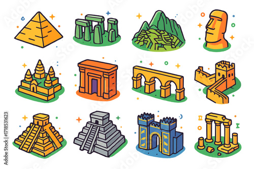 Iconic Global Ruins Icons. Colorful isometric vector icons set of iconic ruins around the world: Egyptian pyramid, Stonehenge, Machu Picchu, Easter Island