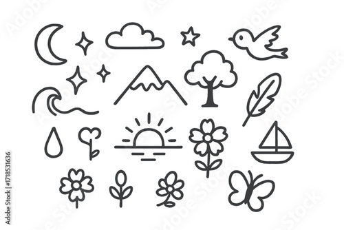 Blue Horizon Icons. Hand-drawn doodle illustration Blue horizon [sunset, mountain, wave, tree, star, moon, cloud, bird, sparkle, feather, boat, flower,