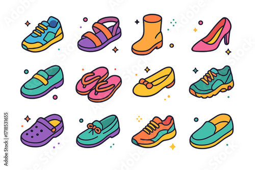 Colorful Footwear Icons. Footwear. Colorful isometric vector icons set of footwear: sneakers, sandals, boots, high heels, loafers, flip-flops, ballet flats,
