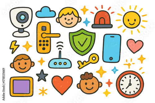 Smart Home Security Doodles. Colorful Hand-drawn doodle Children illustration Home Security smart camera, smart door lock, alarm bell, wifi router, smartphone,
