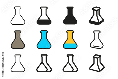 Flask Logo Set. Set Logo of Flasks: Flat-bottom volumetric flask. Logo set in vector style, emblematic variations. line, bold thick line, solid black filled,