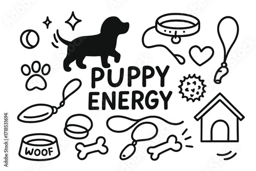 Puppy Energy Icons. Hand-drawn doodle illustration Puppy Energy [puppy silhouette, bouncing ball, paw print, bone, leash, collar, sparkle, star, frisbee, water