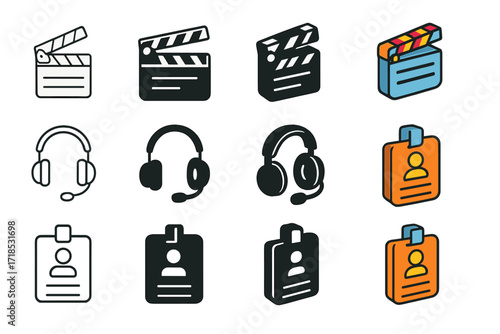 Behind the Scenes Icons. Icon Set of Behind the Scenes: Clapperboard, Director?s headset, Crew badge. Icons set in vector style, emblematic variations.