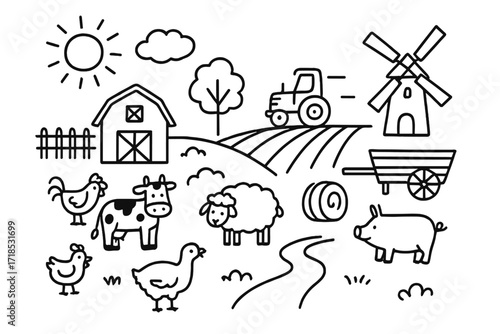 Countryside Farming Doodle. Hand-drawn doodle illustration countryside farming scene barn, field rows, tractor, cow, sheep, chicken, fence, tree, hay bale,