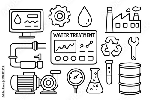 Water Treatment Doodle. Hand-drawn doodle illustration monitoring water treatment unit control panel, screen, gear, valve, droplet, pipe, tank, pump, gauge,
