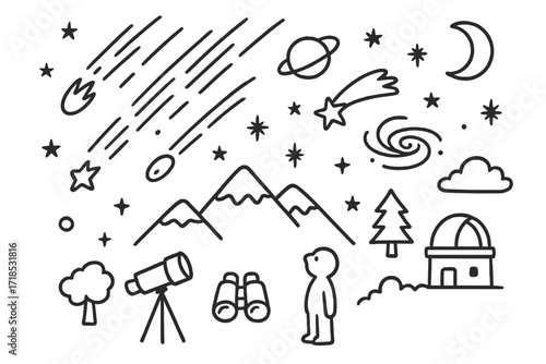 Night Sky Doodle. Hand-drawn doodle illustration meteor shower meteors, stars, moon, planet, comet, telescope, binoculars, mountain silhouette, cloud, shooting