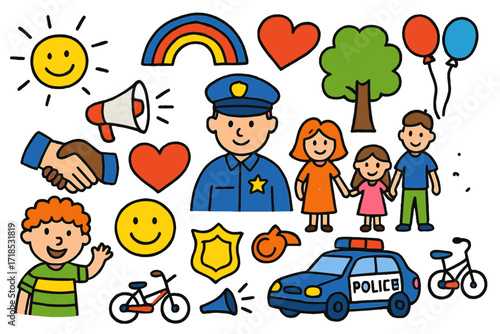 Community Friendship Doodles. Colorful Hand-drawn doodle Children illustration Building trust with the public [police officer, handshake, heart, smiley face,