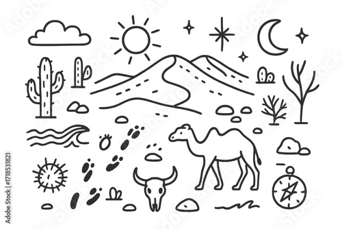 Endless Desert Doodles. Hand-drawn doodle illustration Endless Sand Dunes [sand dune, cactus, sun, moon, star, sparkle, cloud, rock, footprint, camel, skull,