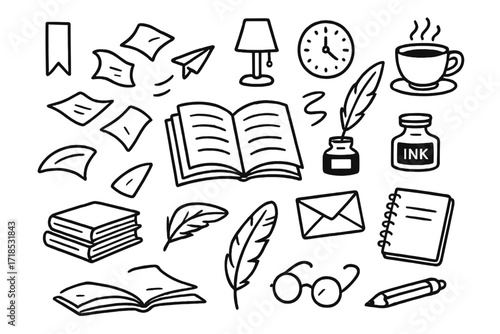 Flying Book Pages. Hand-drawn doodle illustration Book pages flying Open book, flying pages, bookmark, quill, ink bottle, paper airplane, feather, lamp,
