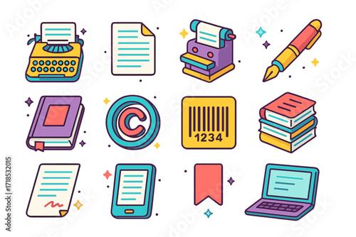 Colorful Publishing Icons. Publishing. Colorful isometric vector icons set of Publishing: typewriter, manuscript, printing press, editor?s pen, book cover,