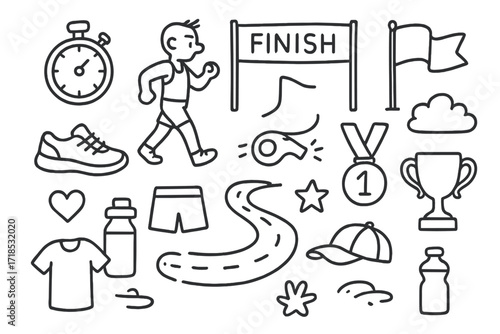 Race Walking Doodles. Hand-drawn doodle illustration race walking stopwatch, finish line, flag, shoes, whistle, medal, trophy, t-shirt, shorts, cap, water