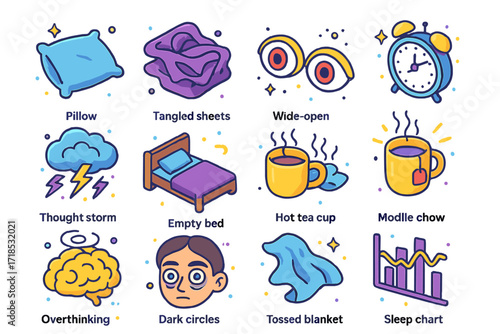 Insomnia Icons Collection. Colorful isometric vector icons set of insomnia concepts: pillow without imprint, tangled sheets, wide-open eyes, ticking clock,